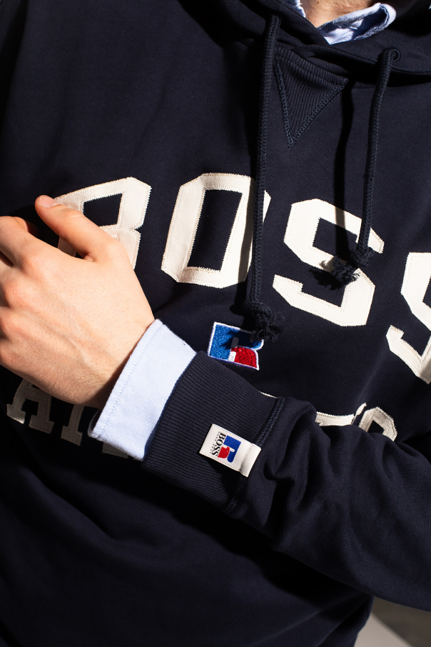 美品✨BOSS×RUSSEL ATHLETIC コラボ パーカ XS BOSS X RUSSELL ATHLETIC Embroidered-logo hoodie Navy